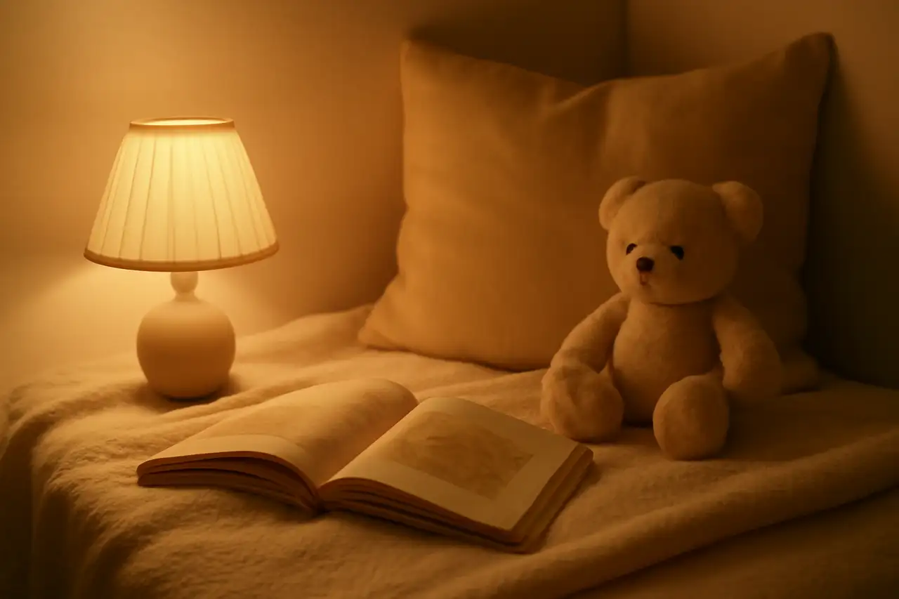 Hoekje met een opengeslagen prentenboek, lampje en knuffel